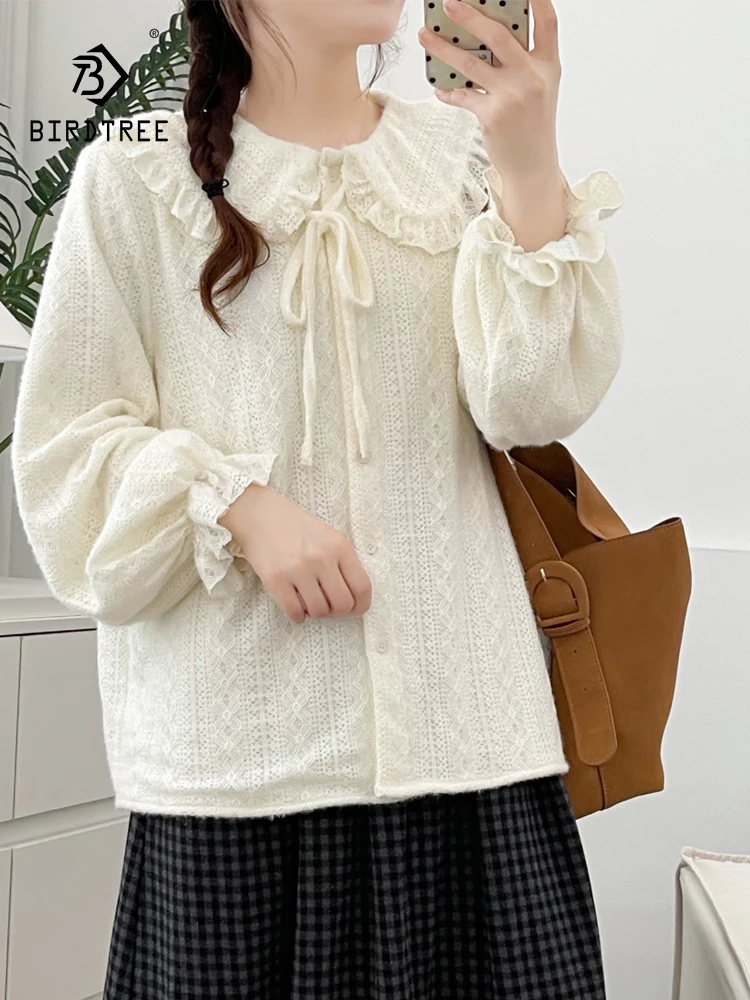 

New 2025 Fall Cotton Long Sleeve Fleece Shirt, Women Peter Pan Collar Lace, Mori Girl Age Reduction Loose Doll Blouse T5O936CC