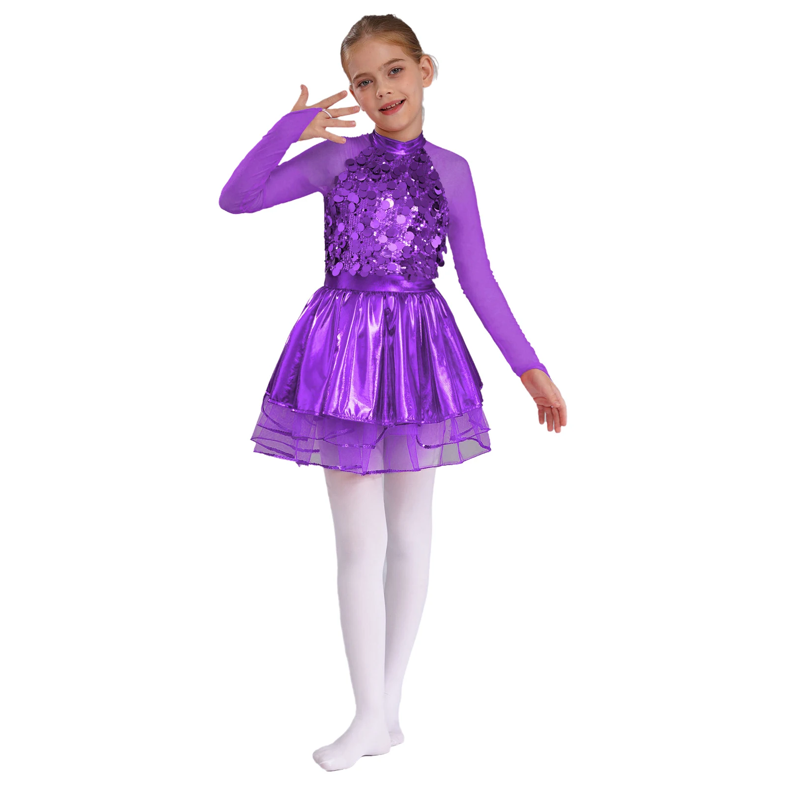 Sukienki baletowe jazzowe z cekinami i metalicznym efektem dla dziewcząt, z długim rękawem, z przezroczystej siateczki, nowoczesne stroje do łyżwiarstwa i gimnastyki.