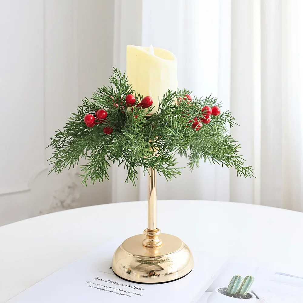 1 portavelas de corona navideña, hoja de abeto y corona de bayas rojas, decoración del hogar, accesorio de fotografía decorativo, artículo de vacaciones