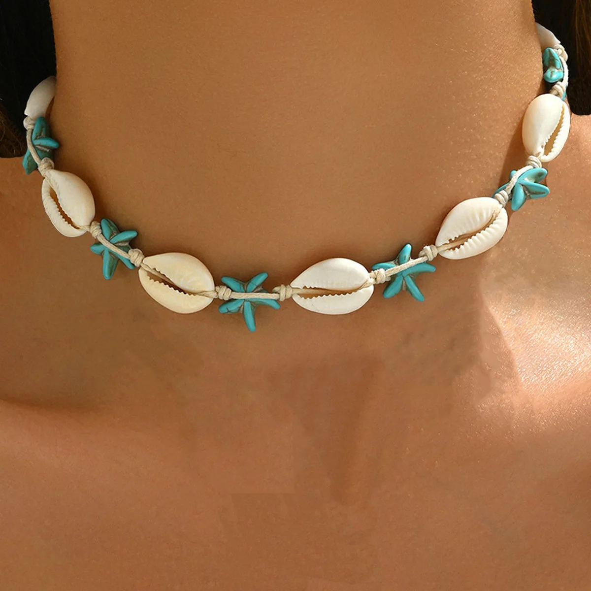 Bohemian Shells Turquoise Collares Necklace Summer Natural Starfish Hand-woven Beach Vacation Adjustable Necklaces Choker