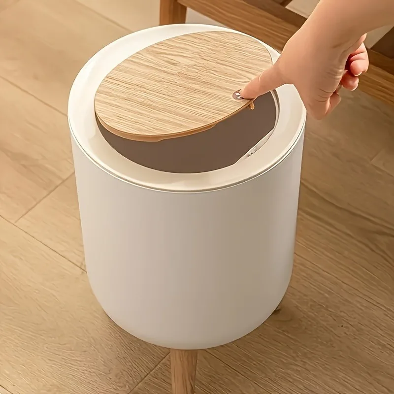 Nordic Round Press‑Top Lidded Waste Bin with Detachable Elevated Legs, Elegant Veneer‑Look Lid Garbage Can for Bathroom Bedroom Kitchen Home Decor