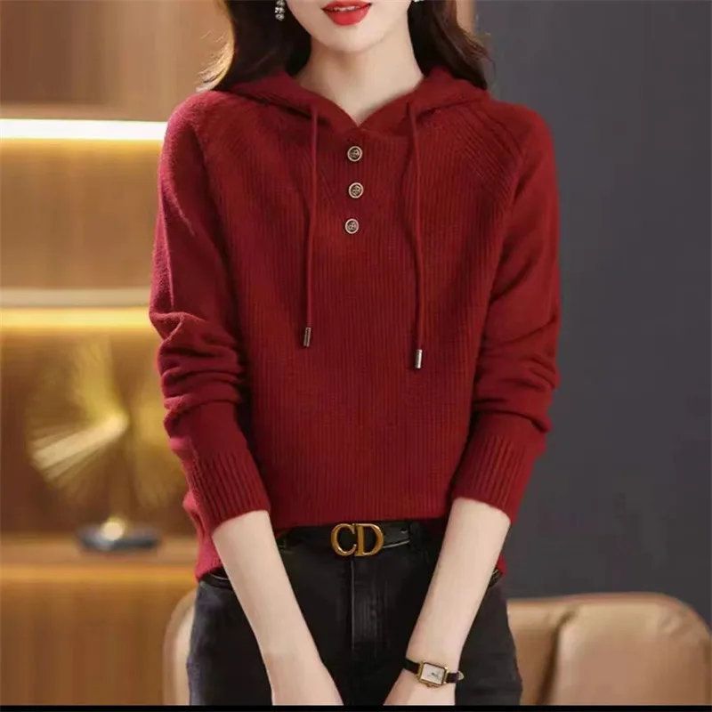 New Korean Ladies Hooded Sweaters Loose Casual Solid Color Sweater Coat Long Sleeve Vintage Woolen Women\'s Top Pullover Femme