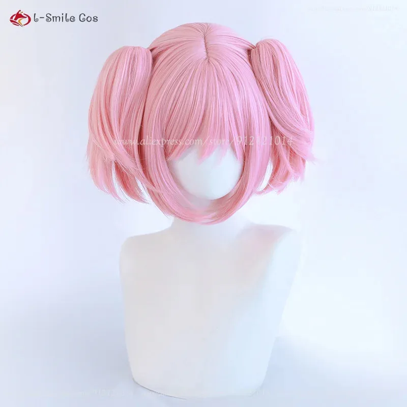 CyAnime Madoka Kaname Cosplay Wig Light Pink Double Ponytail Clip Wig Heat Resistant Synthetic Hair Halloween Party Wigs + Wig C