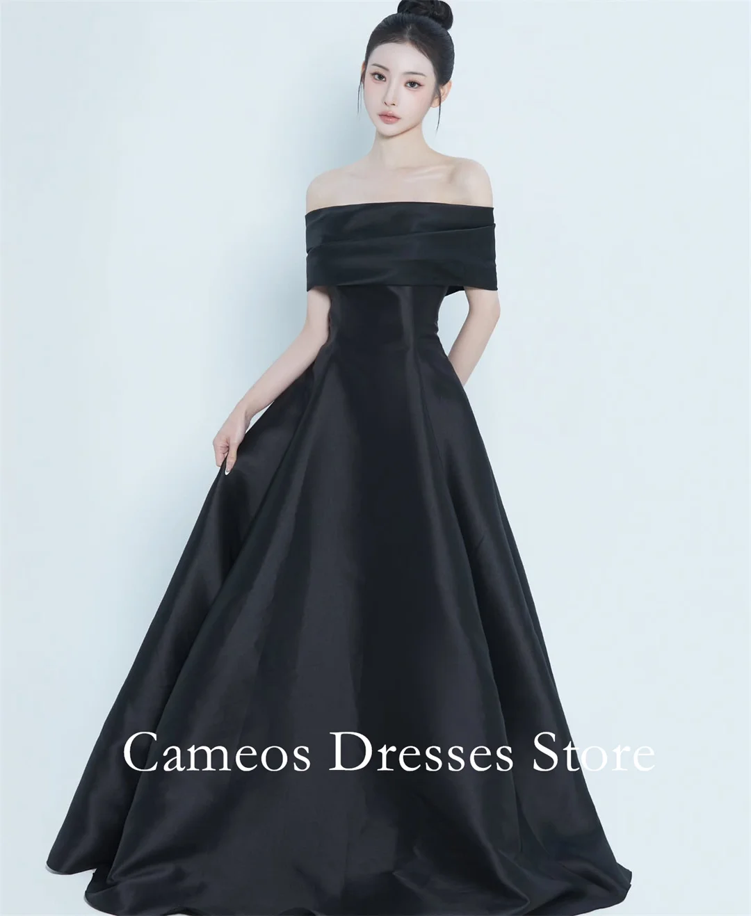 

SONDR Korea A-Line Strapless Off Shoulder Satin Black Evening Dress Customized Formal Prom Dress Simple 웨딩드레스 Occasion Part