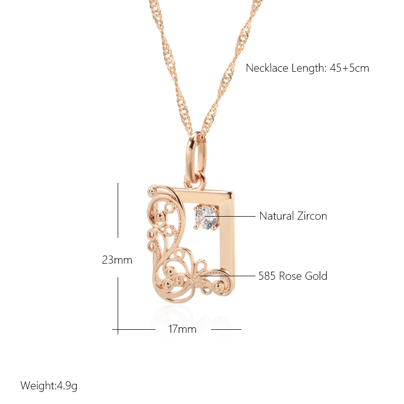Kinel Vintage 585 Rose Gold Color Square Pendant Necklace for Women Natural Zircon Glossy Metal Ethnic Bride Trend Daily Jewelry