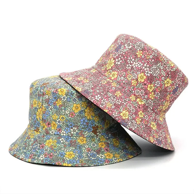 2024 Mode Blumen druck Eimer Hut Frauen Doppelseite Baumwolle reversible Sonnenschutz kappe weibliche Panama Fischer hüte