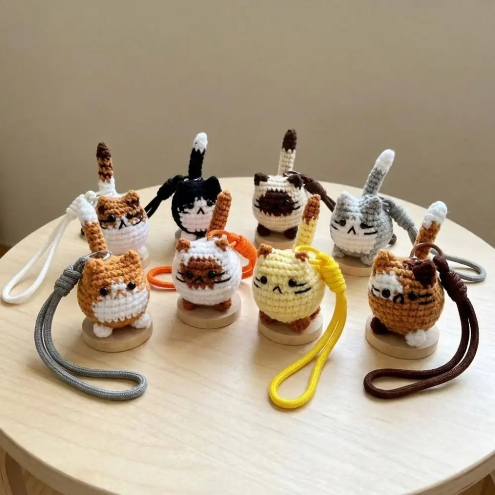 Handwoven Hand Crochet Cat Keychain Soft Cute Animal Knitted Kitten Keyring Braided Strap Multi Color Cat Wrist Carry Charm