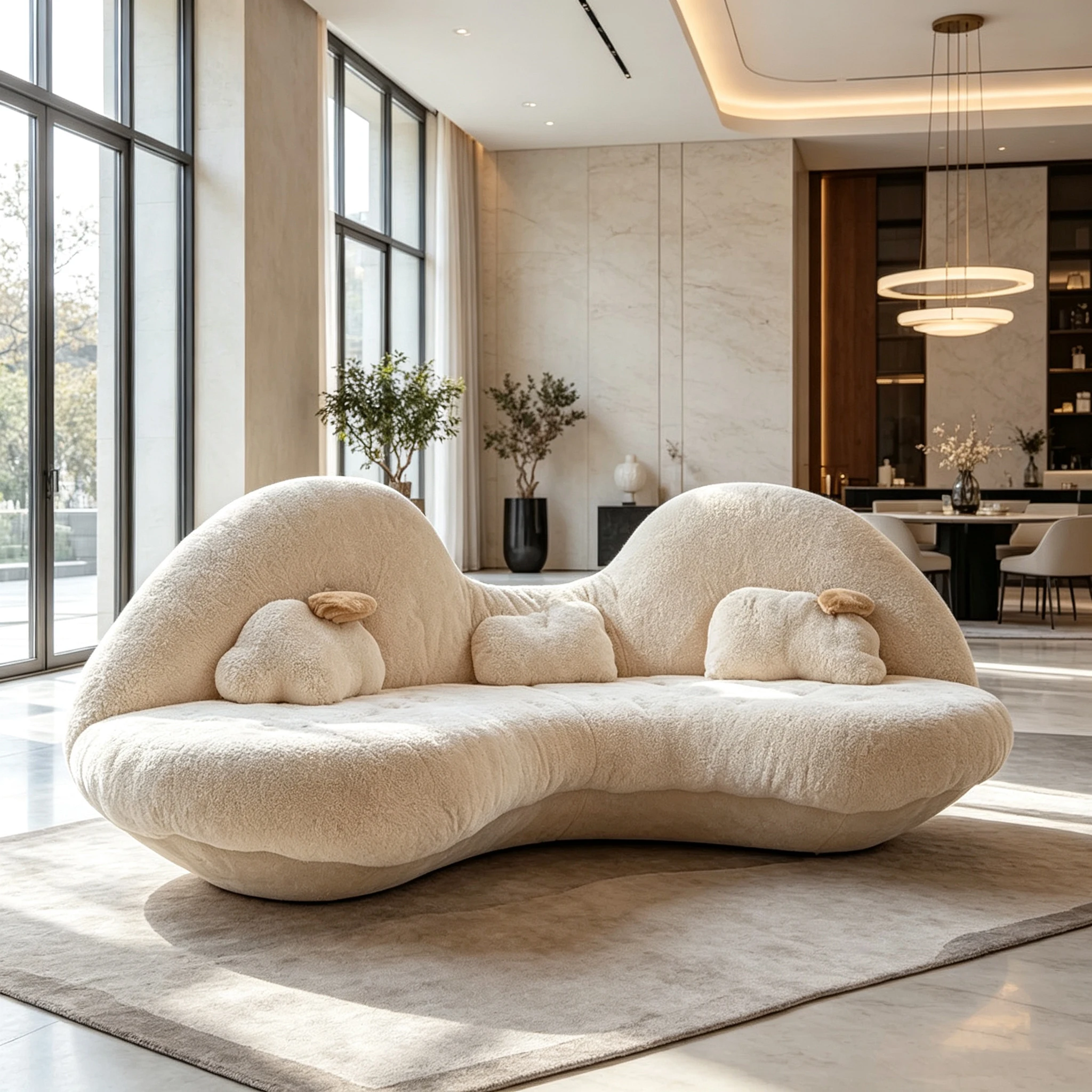 Organic wavy curved wooden frame sofa, cream color, suitable for cashmere fabric cartoon style plush cushion
