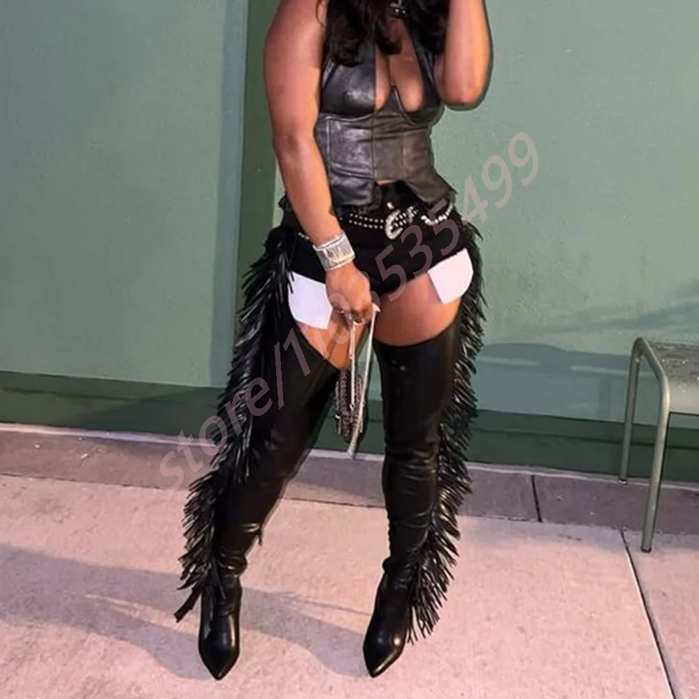 

Sexy Ladies Black Fringed Waist Boots Platform Winter Catwalk Street Belt Buckle Thin High Heels Fashion Women Over Knee Shoes