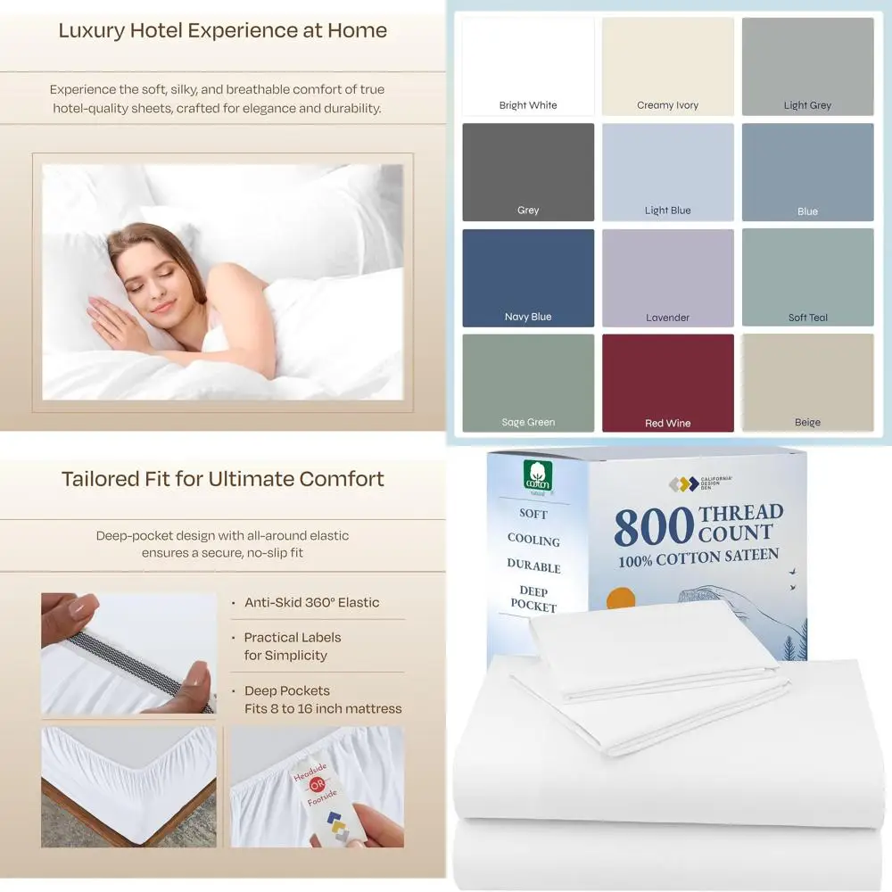 

Elegant White California King Bedding Set - 800 Thread Count Pure Cotton Sateen Sheets with Deep Pockets