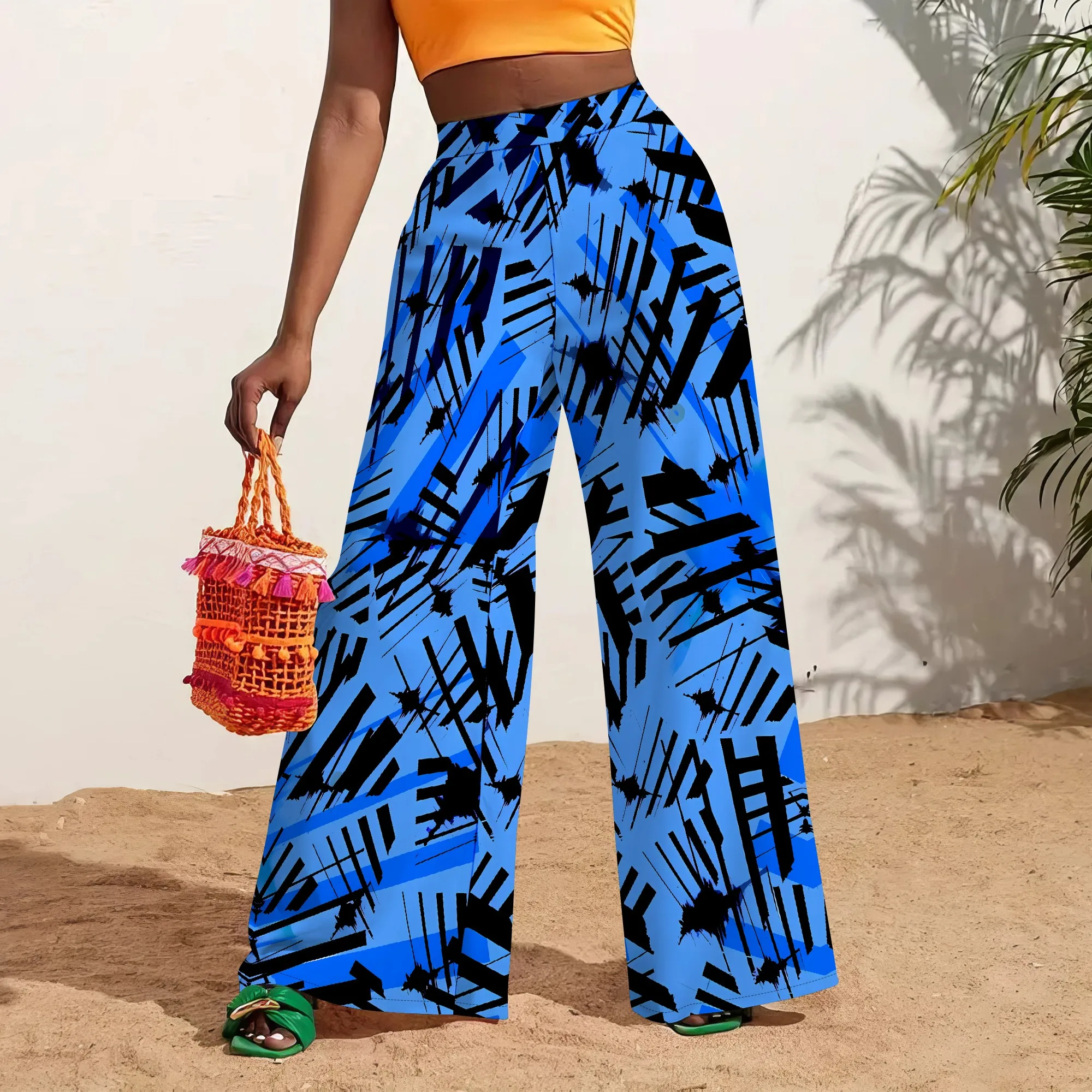 Streetwear High Waist Wide Leg Pants Women Blue Black Abstract Print Casual Summer Trousers