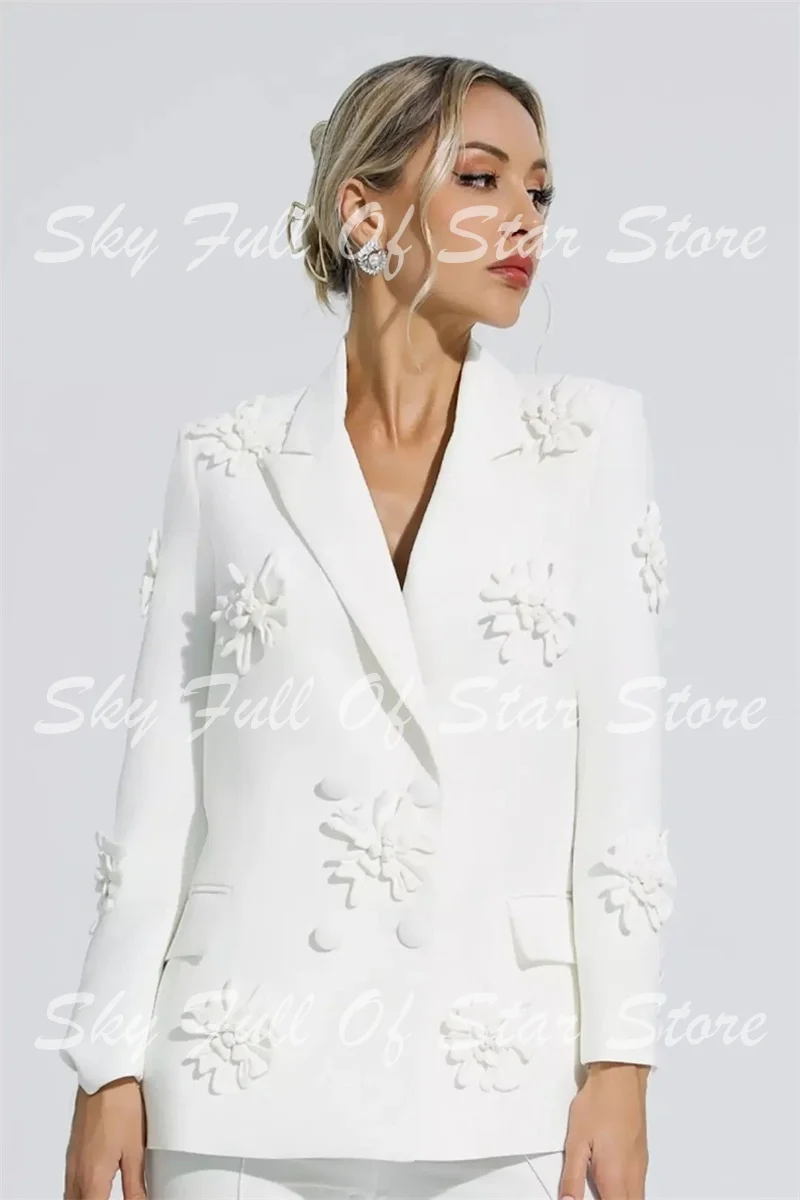 White 3D Floral Women Suit 2 Pcs Double Breasted Blazer+Flare Pants Custom Formal Wedding Bride Evening Party Office Lady Coat