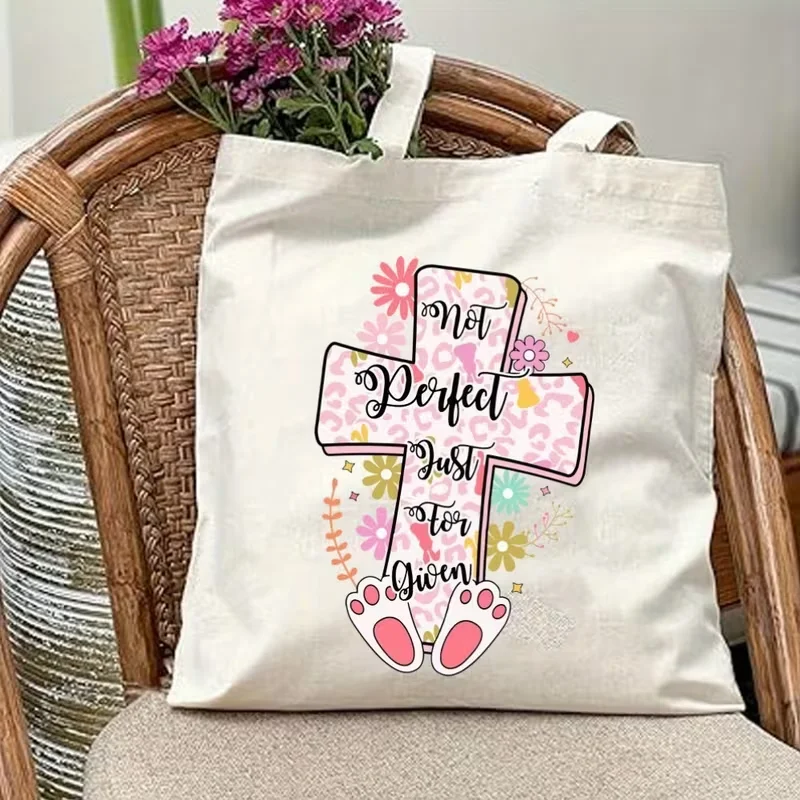 

Cartoon Cross Printed Tote Bag, Islamic Christian Easter Shopping Bag, Reusable and Foldable Suitable for School Shopping