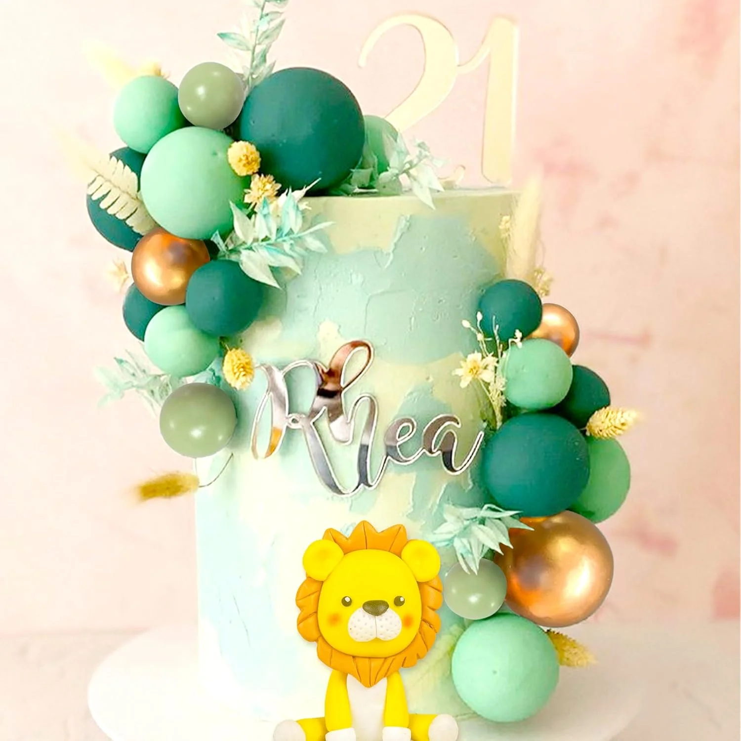 21pcs Lion Cake Topper Sage Green Cake Topper Balls for Wild One Birthday Cake Decoration Jungle Theme Baby Shower Decoration
