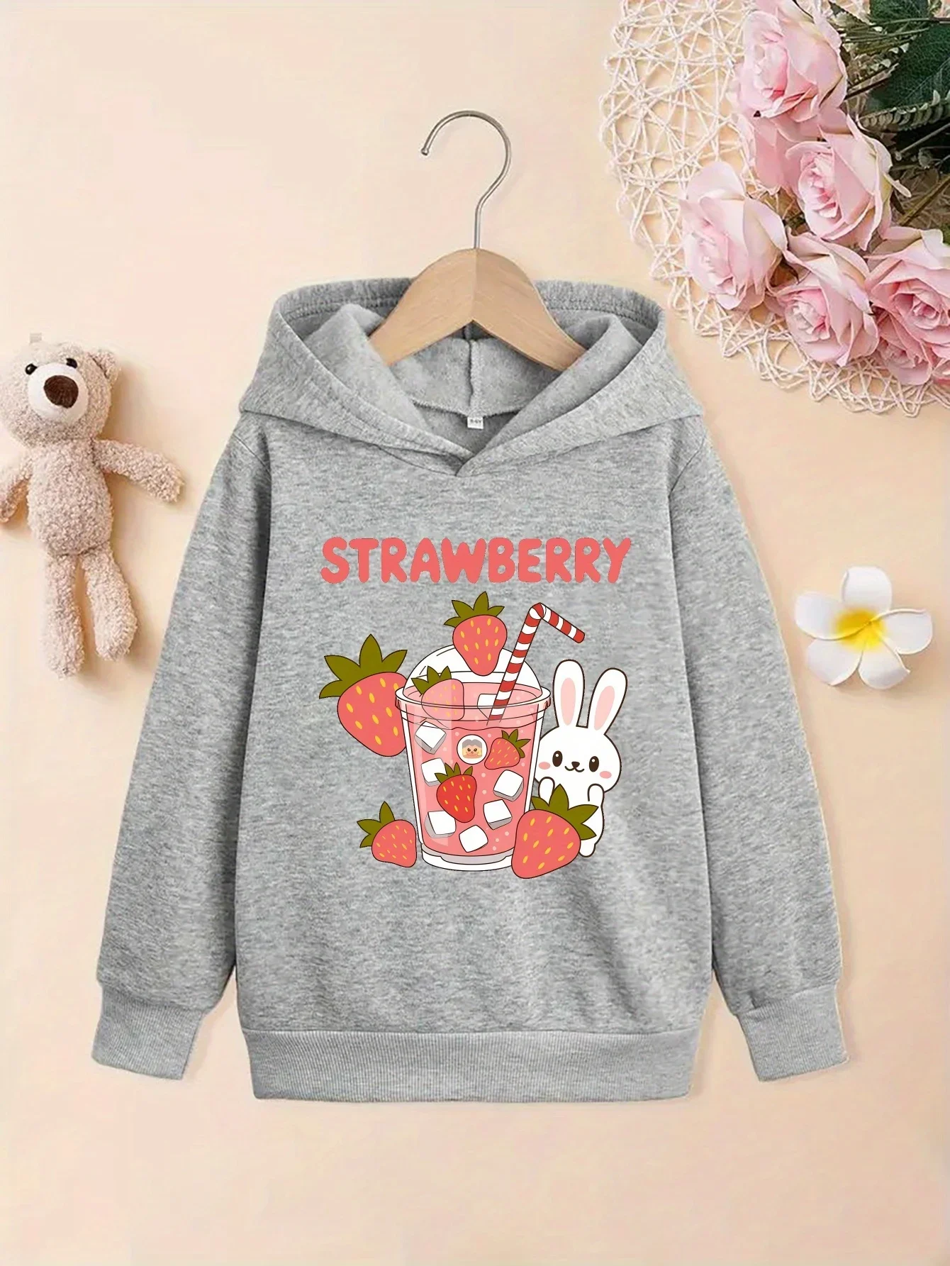 Sweet Strawberry Juice Kids Hoodie Cartoon Bunny Fruit Cup Lovely Kawaii Graphic Autumn Winter Fleece Soft Fashion Hoodie