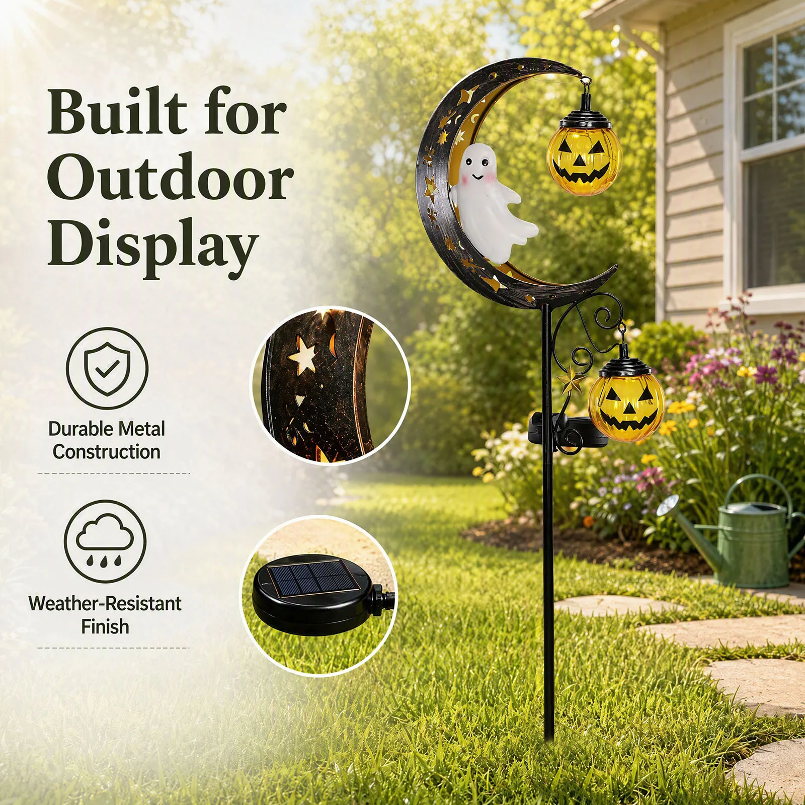 Halloween Solar Garden Stake Light Skull Ghost Moon Pumpkin Stars Lawn Pathway Outdoor Fall Metal Decor
