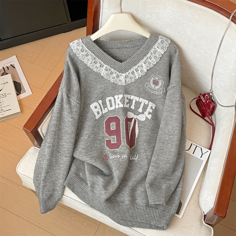 Bomon Japanese Harajuku design Embroidered lace printed letter sweater women's new autumn/winter loose long-sleeved V-neck top