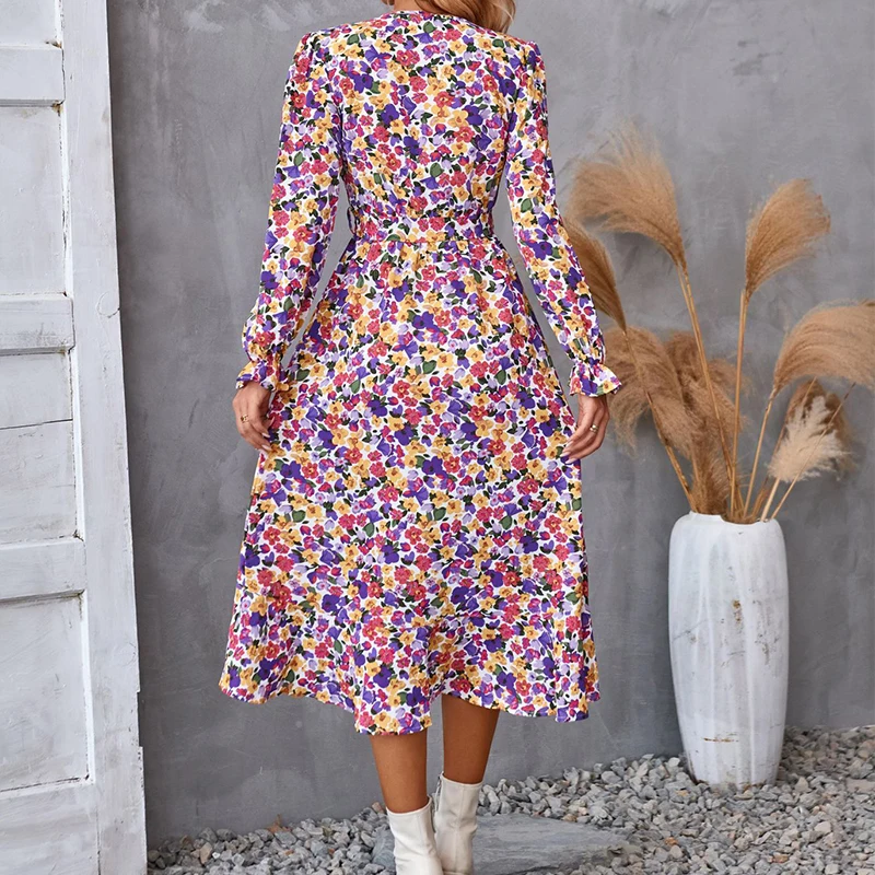 Casual bloemenprint dames zomer strand lange jurk sexy boho v-hals lente herfst winter elegante lange mouwen jurken vestido