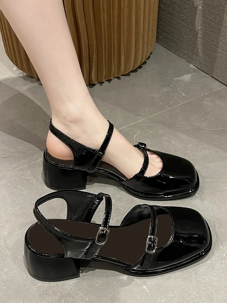 African Woman Shoe Mary Jane Summer High Heels Chunky Sandals Navy Blue Pumps Sweet 2024 Burgundy Straps Lolita Closed Black Bei