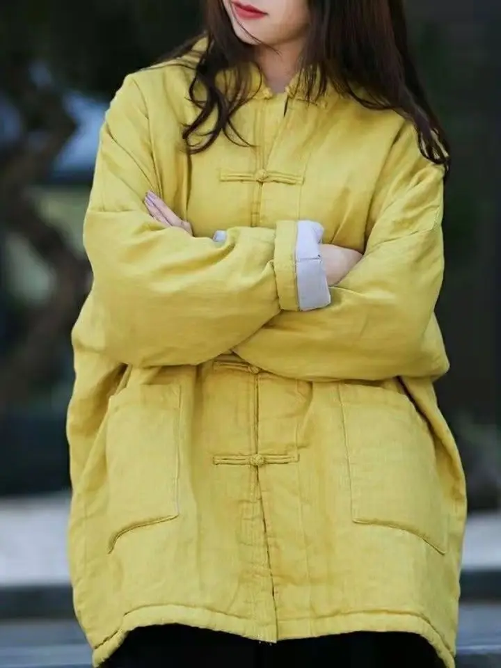 

Thiened Cotton Padded Jaet Women's Autumn Winter Loose Slimming Chinese Sle Button up Cotton Coat Midi Length Cotton Dr