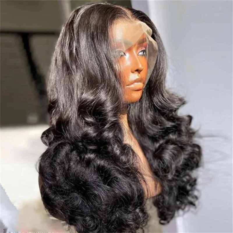 28Inch Black Long  Wave 5x5 Silk Base Jewish Human Hair Wig With Baby Hair HD Lace European Hair Preplucked Glueless Daily