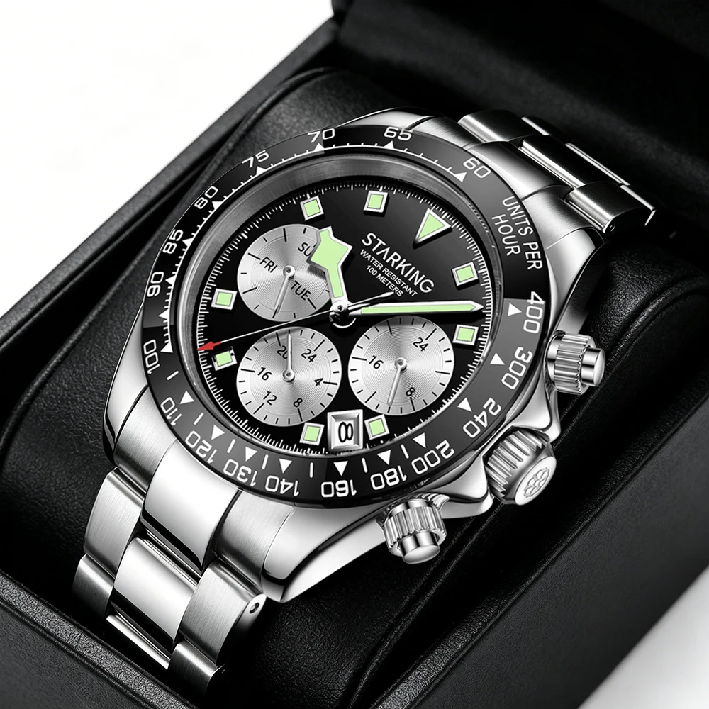 STARKING Luxury Men's Diving Quartz Watch Chronograph 100m Waterproof Wristwatch Ceramic Bezel Date Luminous Sport Quartz Watch