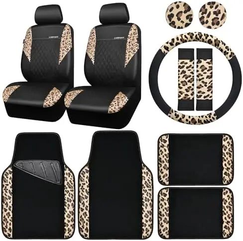 

Leopard Print Car Seat Covers & Mats Set - Universal Fit for SUV, Van, Truck - Faux Leather Auto Interior Accessories