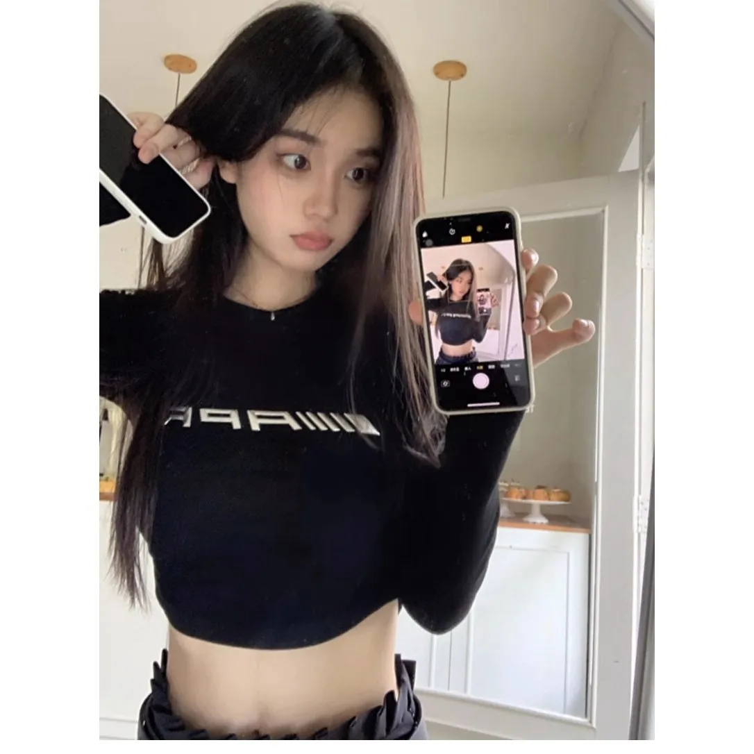 Slim Fit Long Sve T-irt Women's Design Sense Asymmetrical Base irt ort Sle Belly ow Summer Hot Girl Top