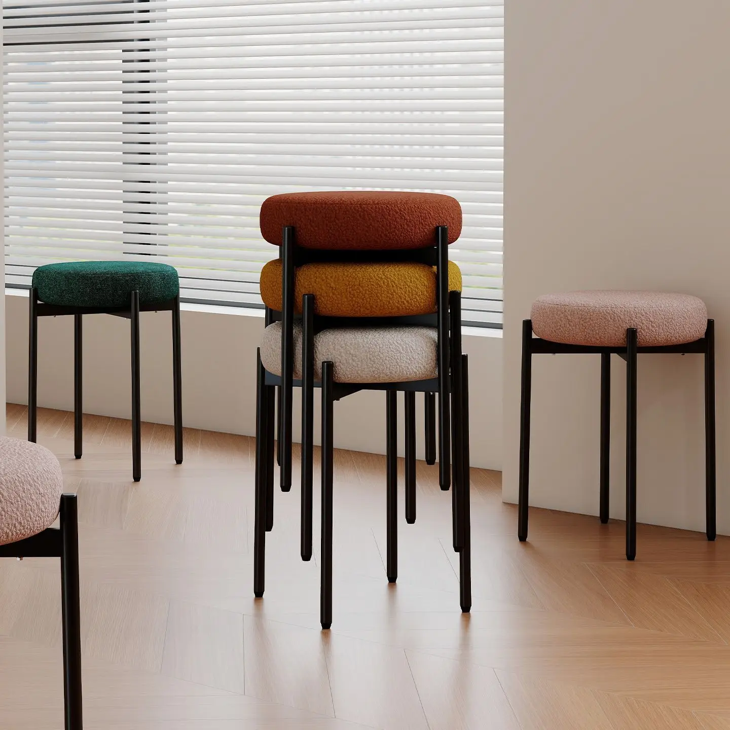Household Round Stool Can Be Stacked High-end Fabric Small Stool Living Room Soft Package New Spare Stool Medieval Simple