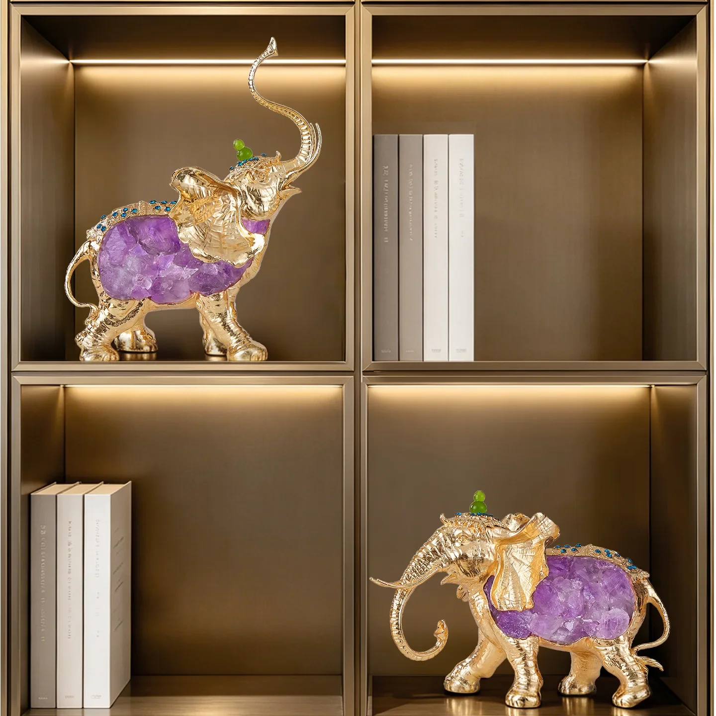 Alloy Elephant Figurine Inlaid Natural Amethyst Luxury Feng Shui Statue Home Living Room Cabinet Decor Ornament Housewarming