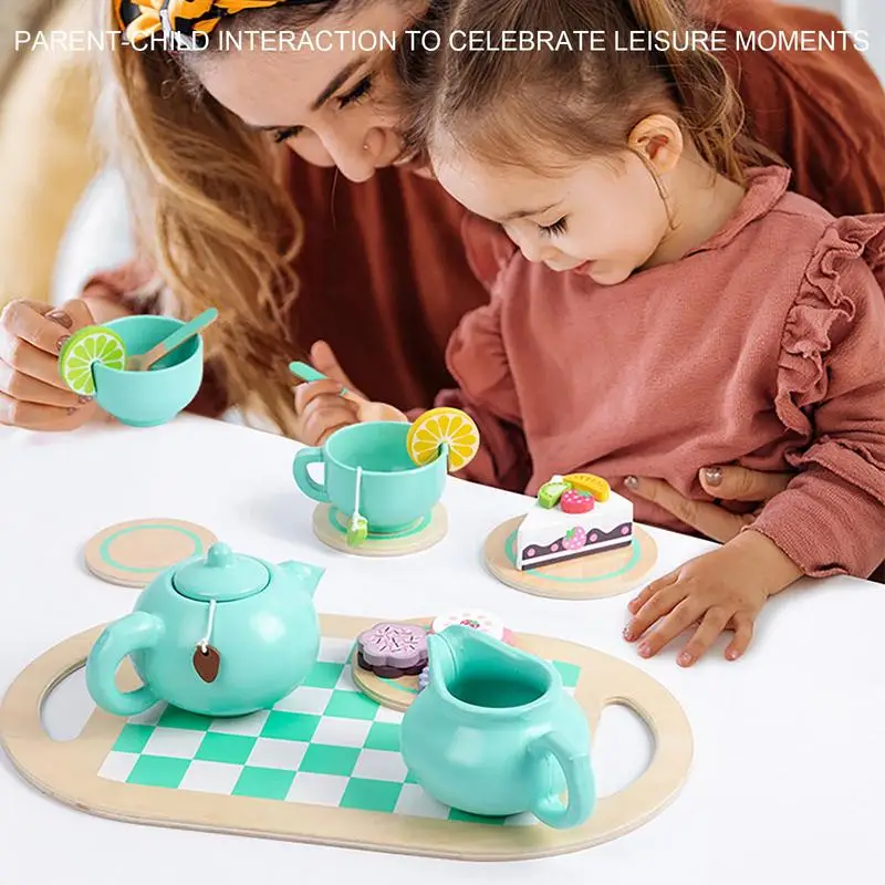 Kids Tea Sets For Girls Tea Set Toy Role Play Playset Kitchen Toys With Cups & Spoons Educational Toys Wooden Play Tea Set For