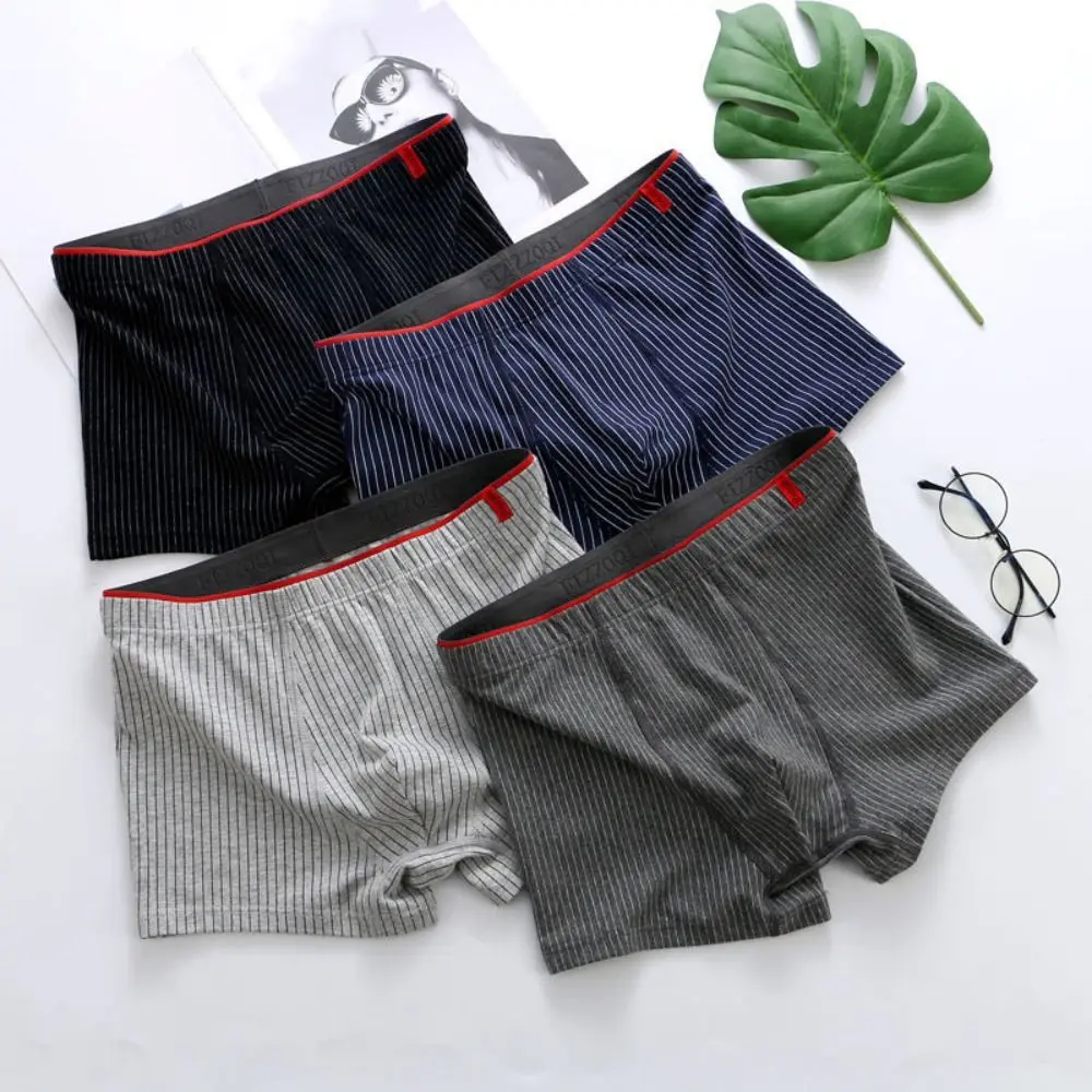 

4PCS Color Blocking Stripe Men's Flat Panties Low Waist Large Size Men Boxer Loose Underpants Underwear for Man Gifts