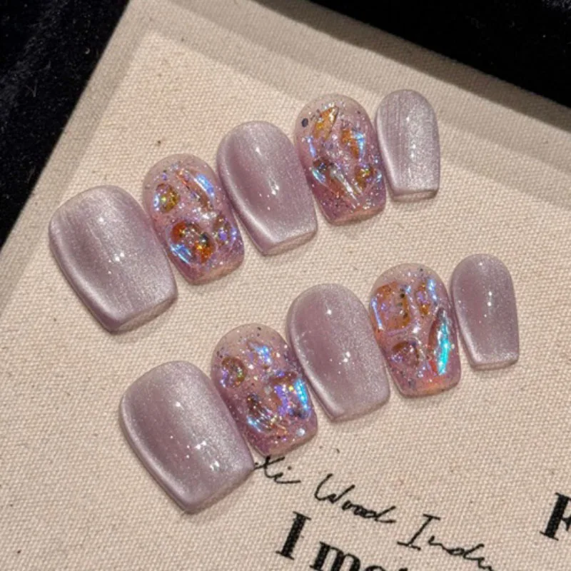 

Taro Beauty | Fashion Light Purple Short Coffin Press On Nails Cat Eyes Fake Nails 10pcs Handmade Shining Wearable Nail Art Tips
