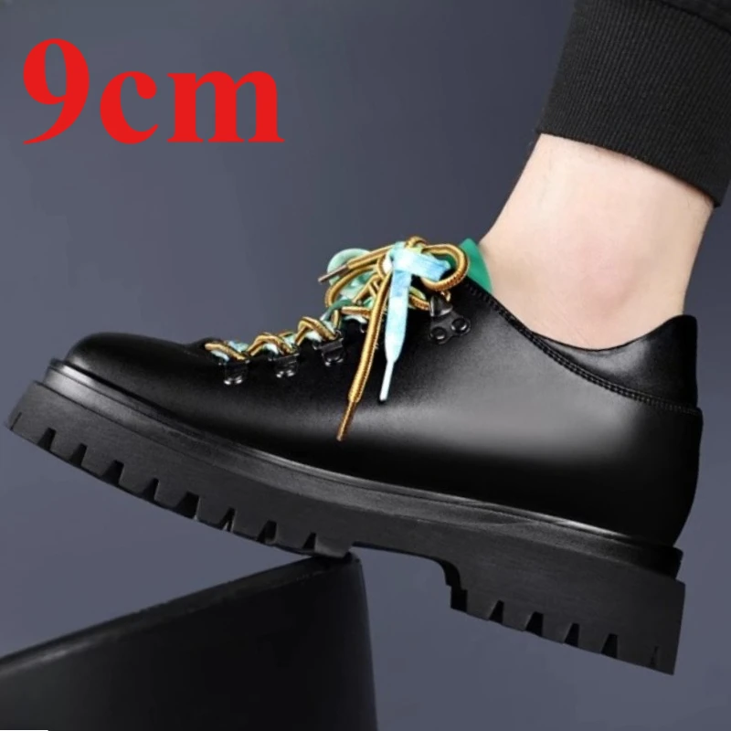 Black Derby Height-increasing Shoes for Men's Increase 9cm Wedding Elevated Shoes Host Stage Leisure Thick Soled Dress Shoes Man