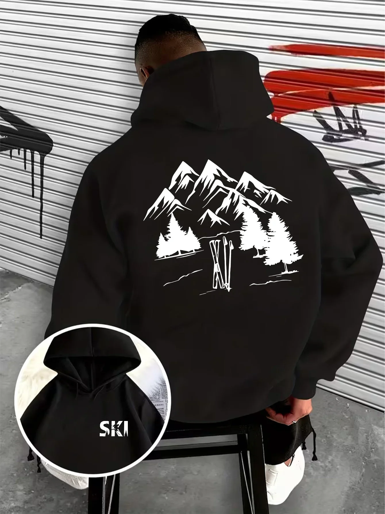Vintage Ski Mountain Forest Graphic Hoodie Outdoor Sports Double Sided Print Pullover Sweatshirt Loose Fit Unisex Autumn Winter