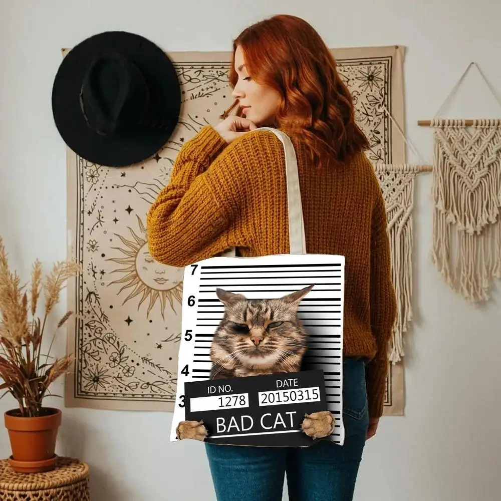 Funny Cat Mood Take It Easy Storage Bags Canvas Double-Sided Print Tote Bag Large Capacity Shoulder Fashion Shopping Handbag