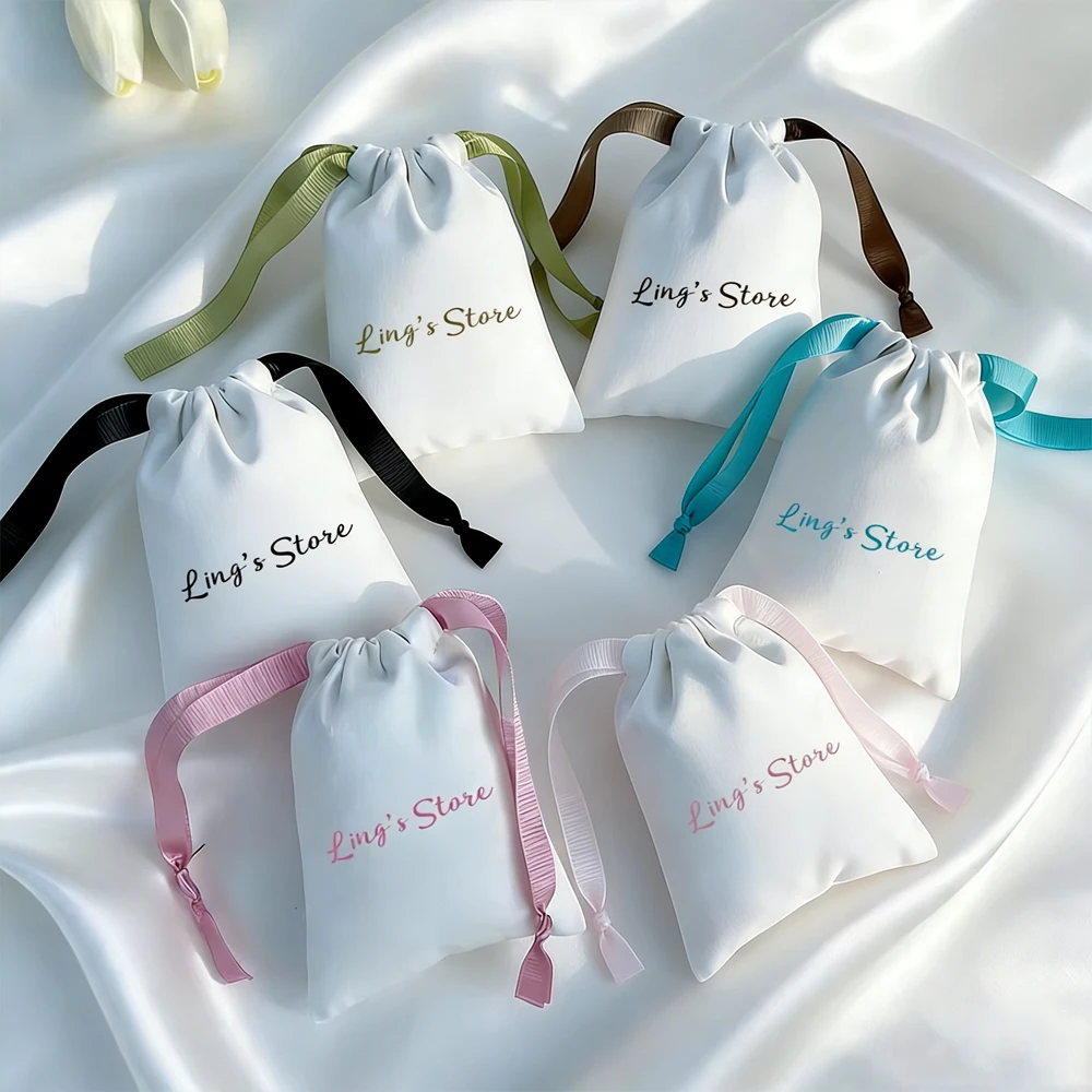 

100Pcs White Custom Logo Jewelry Cotton Drawstring Bag With Grosgrain Canvas Burlap Muslin Pouch For Cosmetic Wig Gift Organizer
