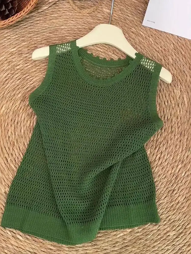 

Летний уникальный ажурный вязаный жилет с круглым вырезом для женщин, модный белый топ, подчеркивающий фигуру, для повседневной носки, в корейском стиле