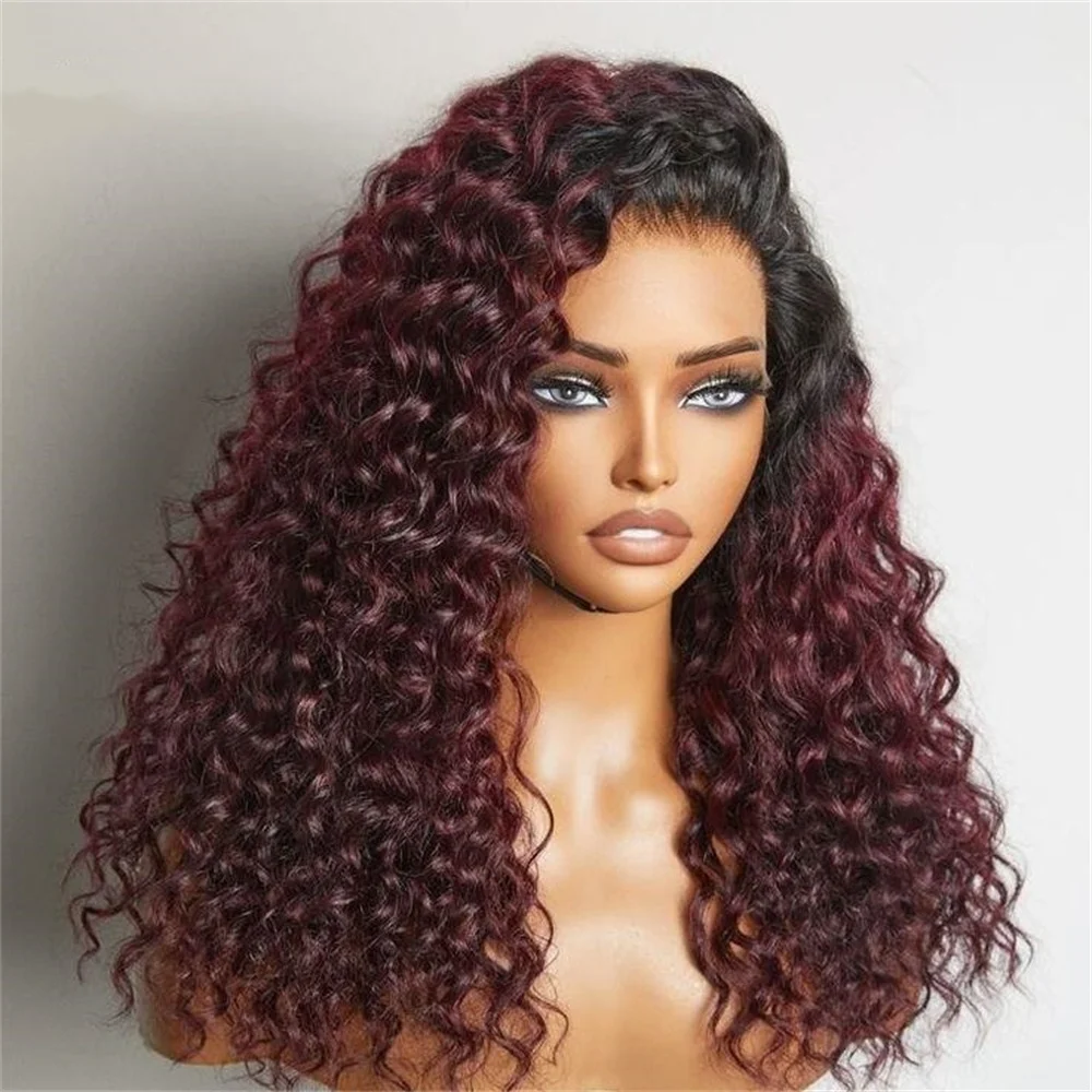 Perruque Lace Front Wig sans colle ombrée bordeaux, 24 pouces, cheveux crépus bouclés, doux, densité 180, baby hair, degré de chaleur, 03/pre-plucked, pour femmes