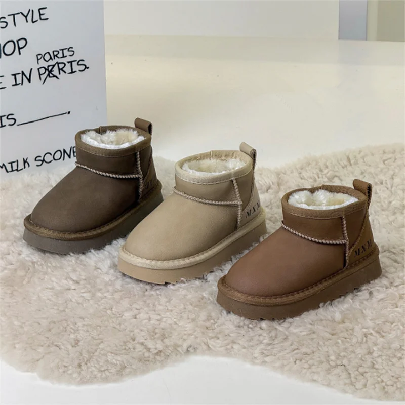 

2025 New Winter Children Snow Boots Leather Waterproof Warm Fur Rubber Sole Non-slip Fashion Boys Girls Boots EU 26-37