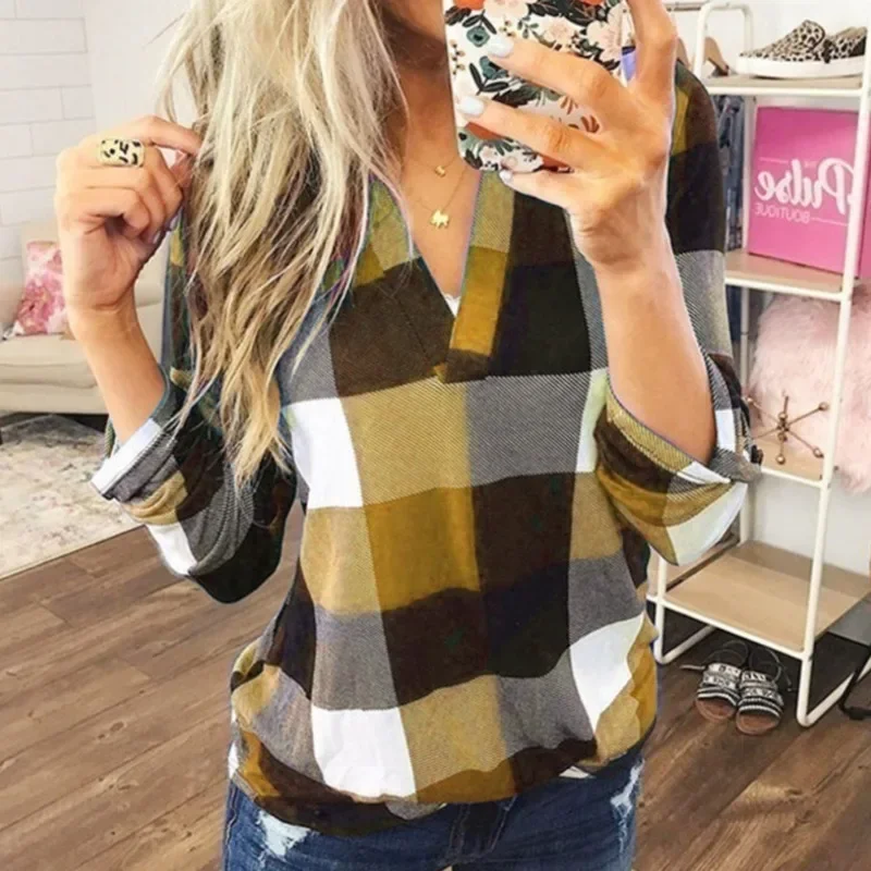 Spring Autumn Vintage Classical Plaid Print V-neck Long Sleeve Casual Pullover Shirt Elegant Fashion Loose Blouse Female Clothes