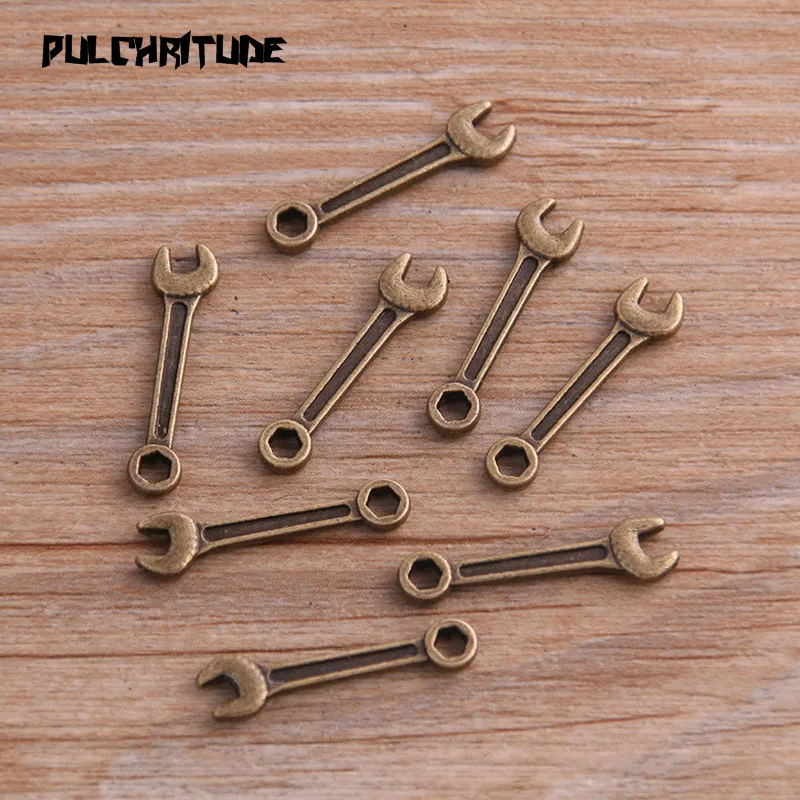 PULCHRITUDE 14PCS 6*24mm Two Color Metal Zinc Alloy Daily Necessities Tool Wrench Charms Fit Jewelry Pendant Charms Makings