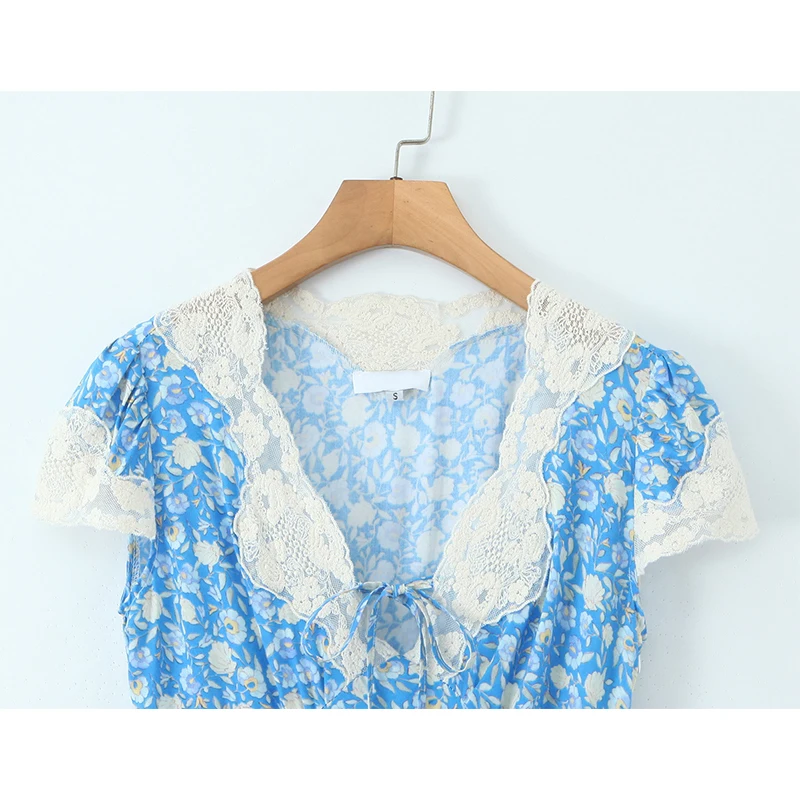 프렌치 레트로 레이스 트림 블루 플로럴 프린트 드레스 여성 V넥 반팔 A라인 여름 롱 드레스 휴가 맥시 로브 2026