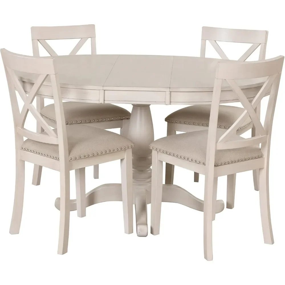 5 Piece Round Dining Table Set, Table Set with Chairs of 4-6 Persons, Solid Wood Kitchen Dining Room Table Set, Dining Set