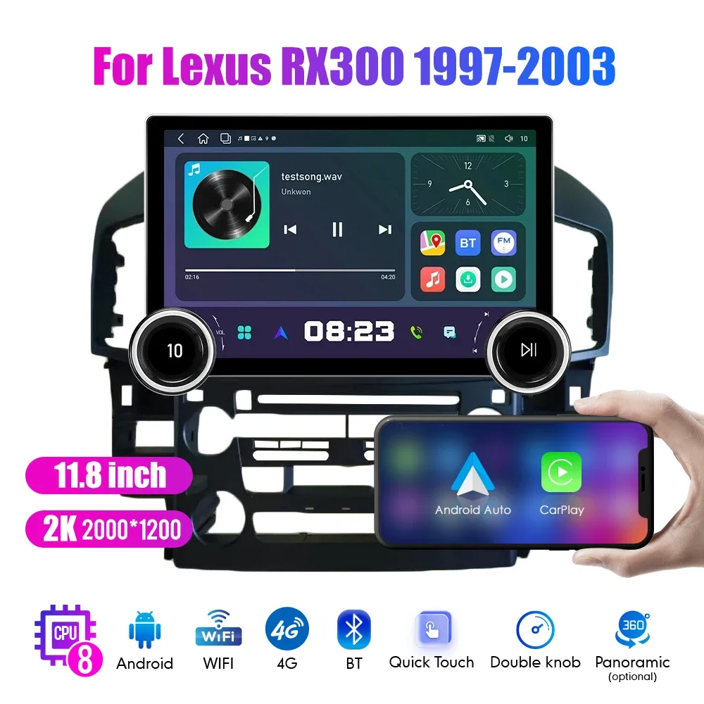 

11,8-дюймовый автомобильный Android-магнитола 2 DIN с QLED-экраном 2K, двумя поворотными регуляторами, для Lexus RX300 1997-2003, с поддержкой Android Auto и CarPlay