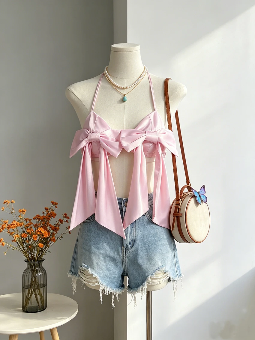 Fashion Versatile Classic Strap Back Hanging Neck Tank Top American Retro Harajuku Aesthetic Solid Bow Strap Spicy Girl Sexy Top