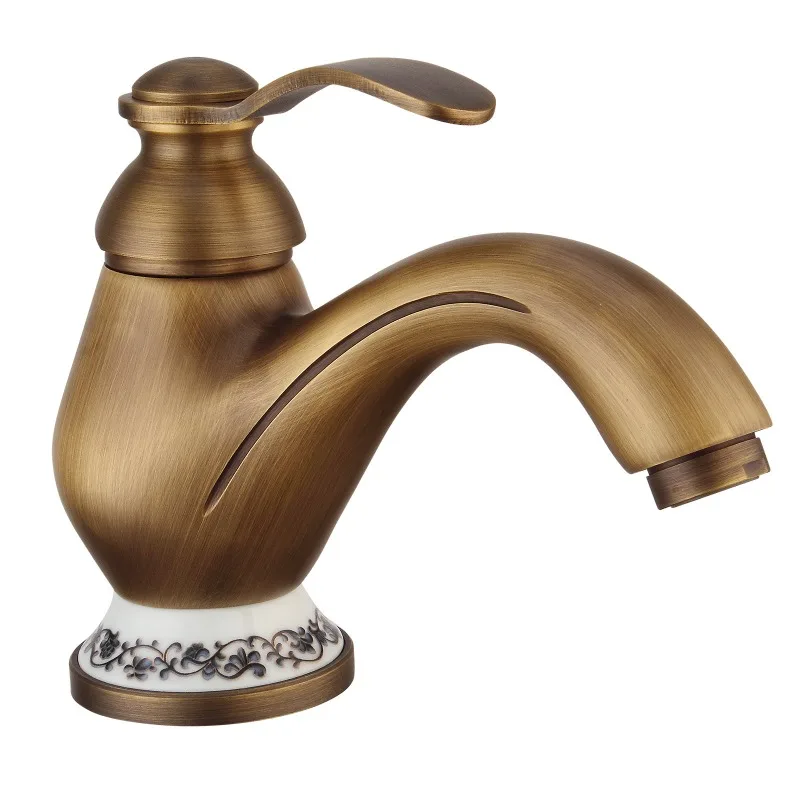 

Brass antique washbasin blue and white porcelain hot and cold faucet bathroom single hole black faucet