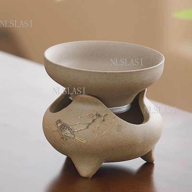 Tea Strainer Set Gold Landscape Bird Pattern Three Legged Holder Stainless Steel Filter Chinese Kung Fu Tea Brewing Accessory