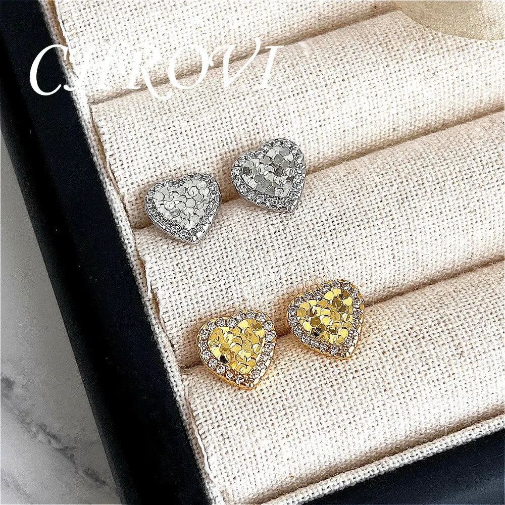

Light luxury 925 sterling silver heart-shaped stud earrings with scattered diamonds, elegant zircon earrings for women