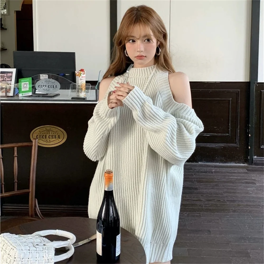 

Женский свитер с высоким воротом и открытыми плечами, свободный, осенне-зимний, средней длины, ажурный вязаный пуловер-халтер, топ